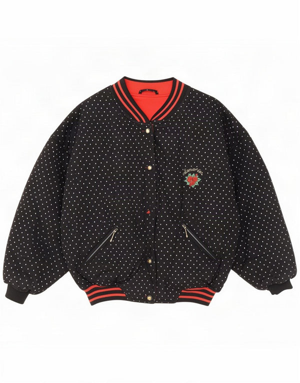 Vintage Blouson Bomber Fille 14-15 ans Noir Pois Coton Rétro