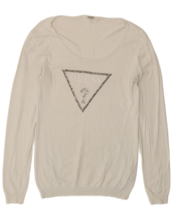 Guess Womens Graphic Boat Neck Jumper Sweater UK 16 Large White Viscose