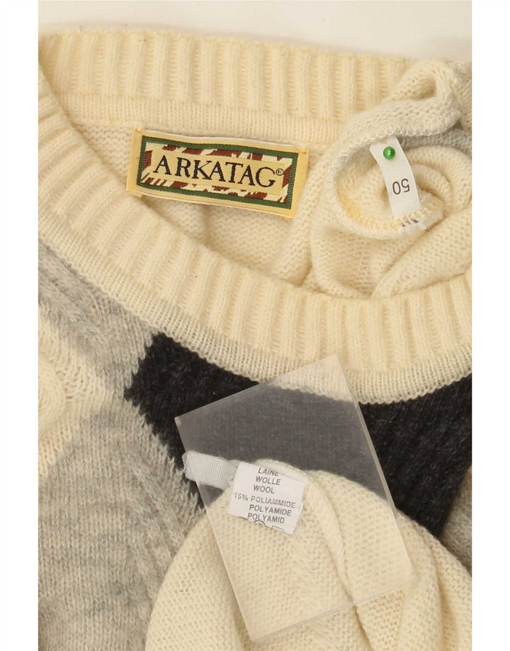 vintage Mens Crew Neck Jumper Pull IT 50 Moyen Off White Argyle/Diamond