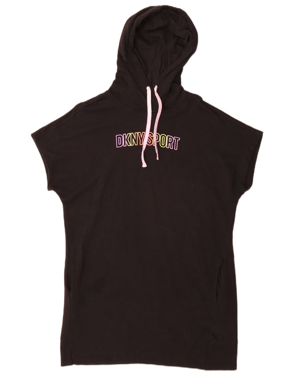 Dkny Robe t-shirt graphique à capuche pour femme UK 14 Large Noir Coton Sports