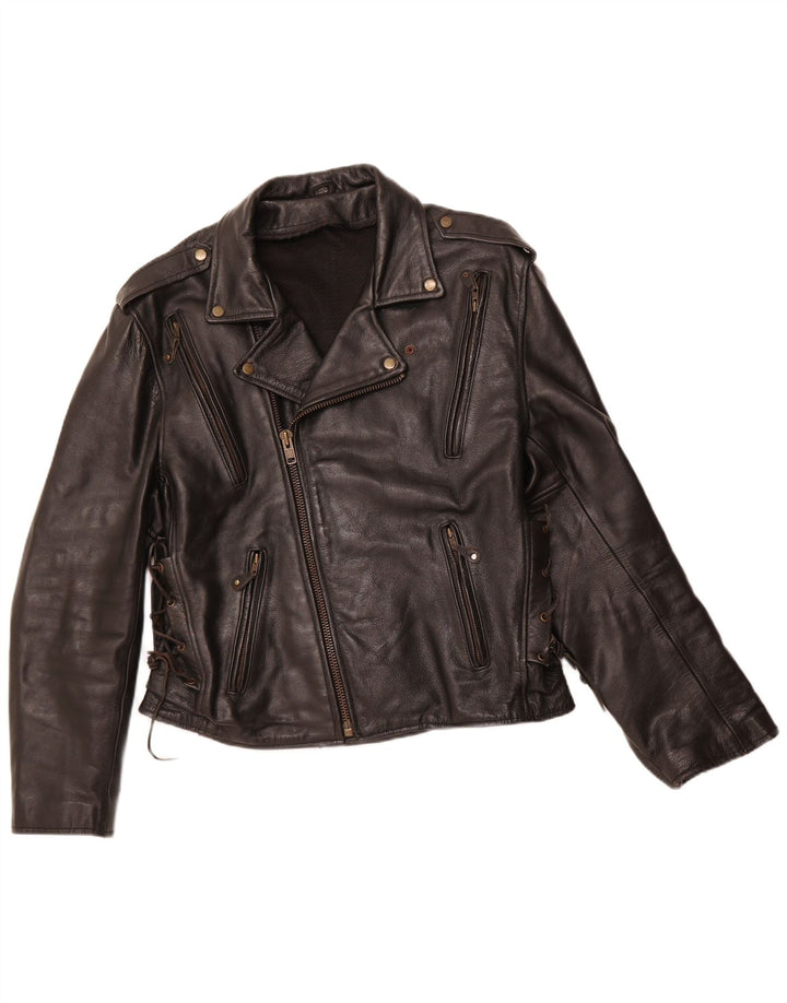 VINTAGE Veste motard en cuir pour homme UK 36 Petit Noir