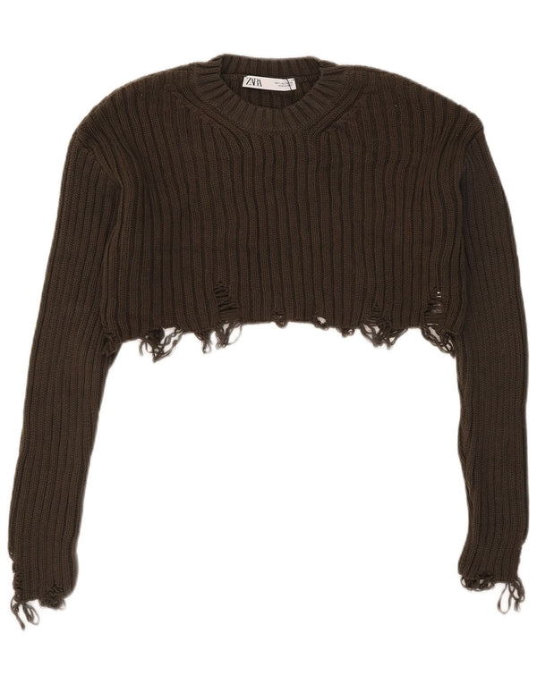 Zara Womens Crop Distressed Crew Neck Jumper Sweater UK 10 Small Khaki