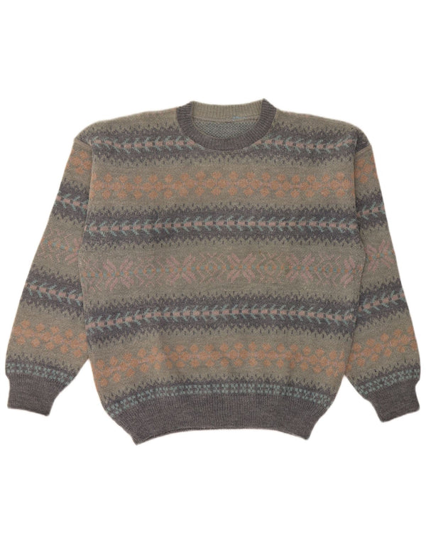 vintage Mens Crew Neck Jumper Pull Grande Gris Fair Isle Laine