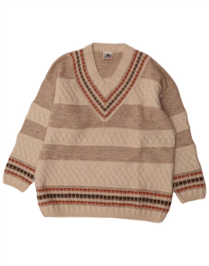 vintage Mens V-Col Jumper Pull Moyen Beige Rayé Laine
