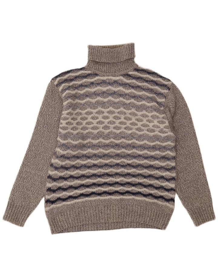 vintage Mens Roll Neck Jumper Pull Grande laine rayée grise