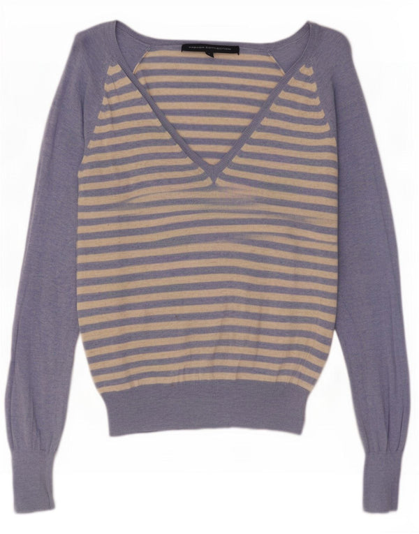 French Connection Pull col V pour femme UK 44 Large Bleu Rayé