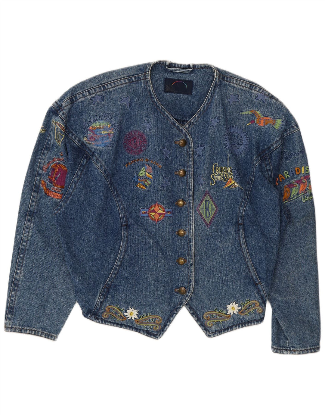 Bogner Womens Graphic Crop Denim Jacket UK 14 Bleu moyen années 90