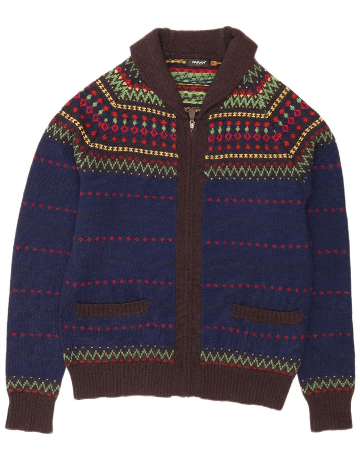 Farah Cardigan entièrement zippé pour homme en laine Fair Isle bleu moyen