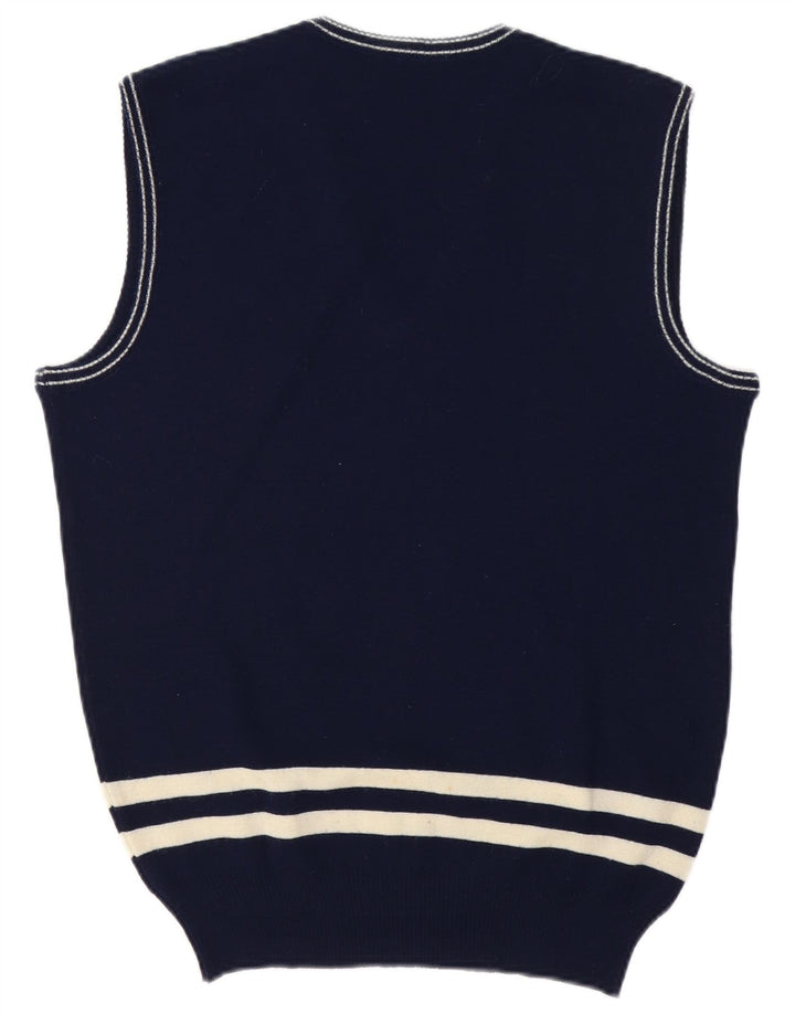 vintage Mens Vest Débardeur Moyen Bleu Marine Rayé Laine