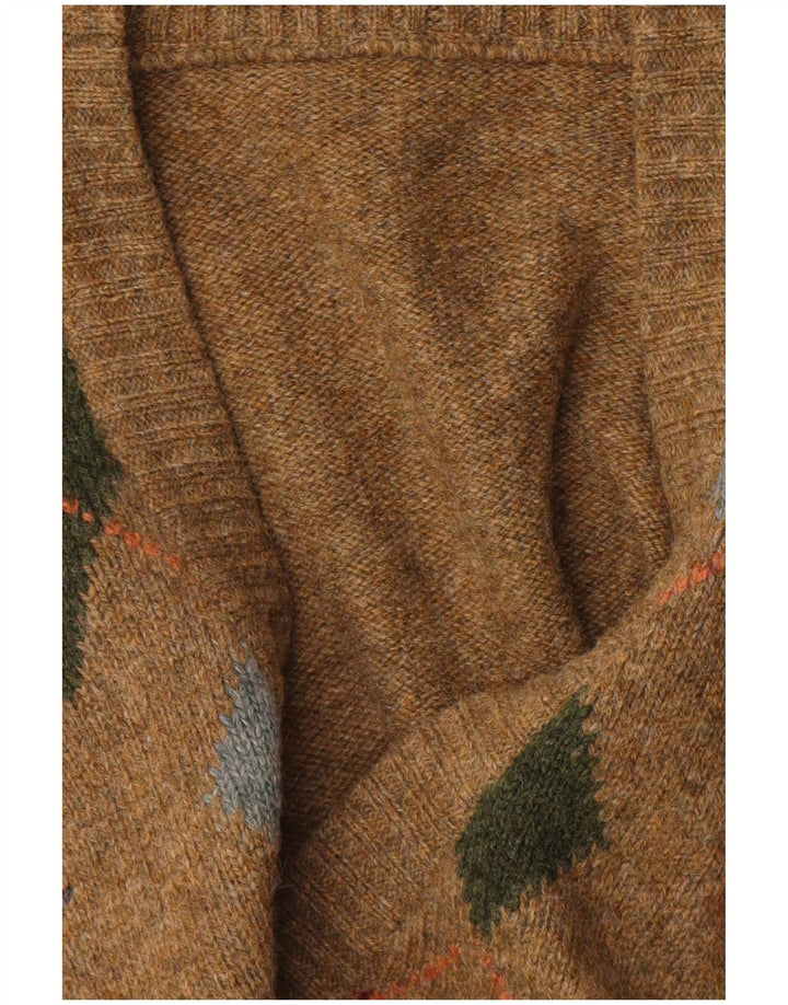vintage Homme Col V Pull Pull Marron Moyen Argyle/Diamant