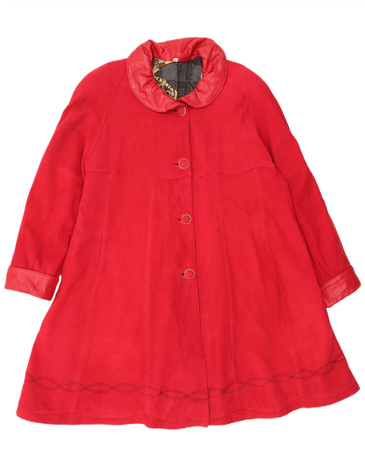 vintage Femmes Surdimensionné Suède Pardessus UK 14 Cuir Rouge Moyen