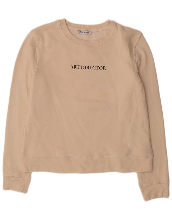 Zara Sweat-shirt graphique pour femme UK 14 en coton blanc cassé moyen