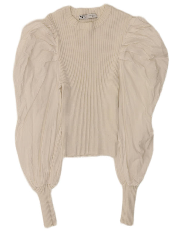 Zara Chemisier court à manches longues pour femme UK 12 en coton blanc moyen
