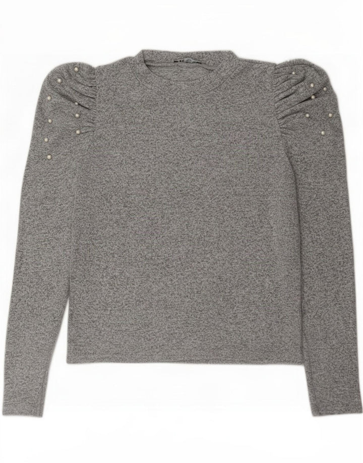 Zara Femme Top Manches Longues UK 16 Large Gris Moucheté