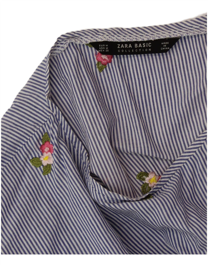 ZARA Womens Crop Blouse Top UK 14 Bleu moyen à fines rayures