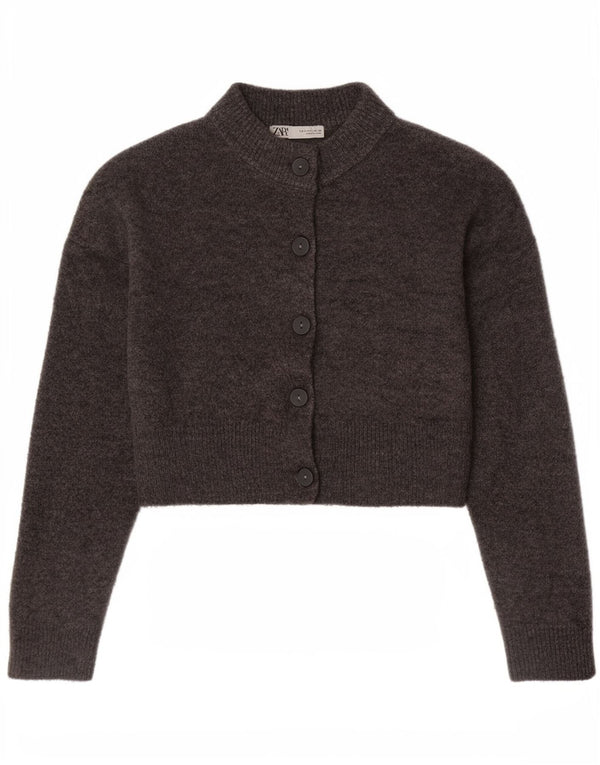 Zara Womens Crop Cardigan Sweater UK 10 Petit Gris Acrylique