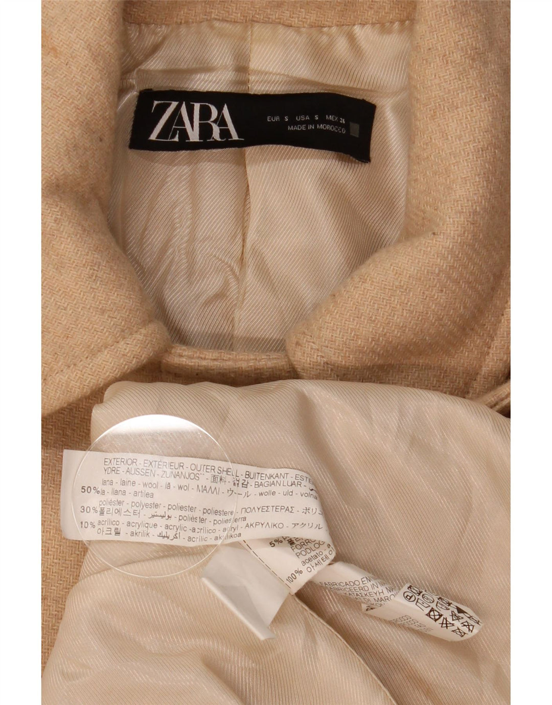 Zara Manteau croisé pour femme UK 10 Petite laine beige à chevrons