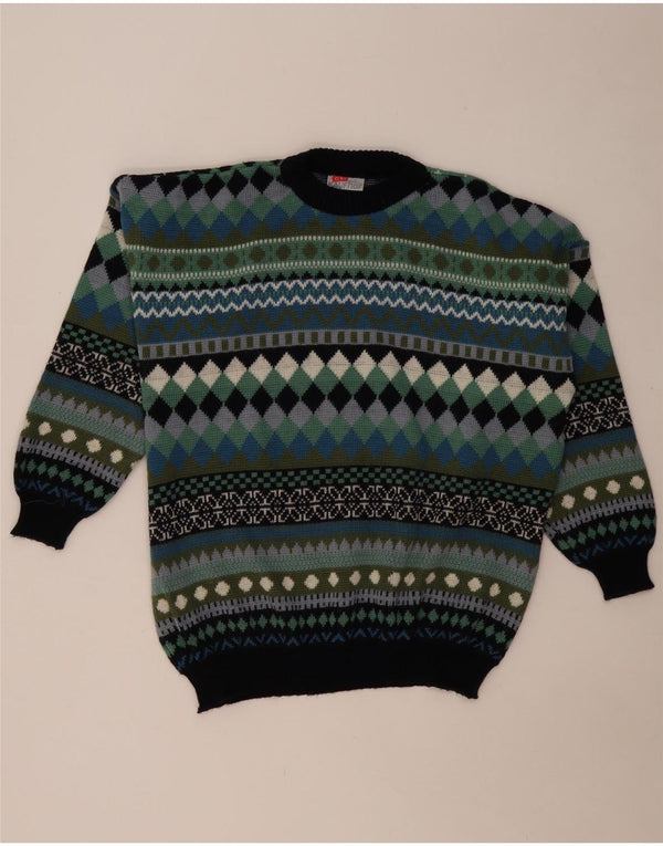 VINTAGE Pull col rond homme moyen multicolore géométrique
