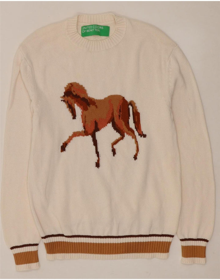 BENETTON Pull graphique à col rond pour femme UK 14 Blanc moyen