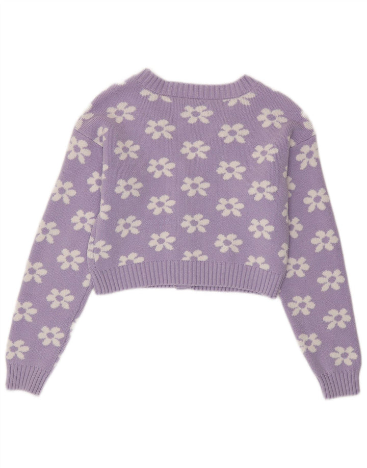HOLLISTER Femmes Crop Cardigan Pull UK 10 Petit Violet Floral Coton