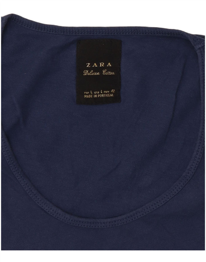 ZARA Femme T-Shirt Top UK 14 Large Bleu Marine Coton