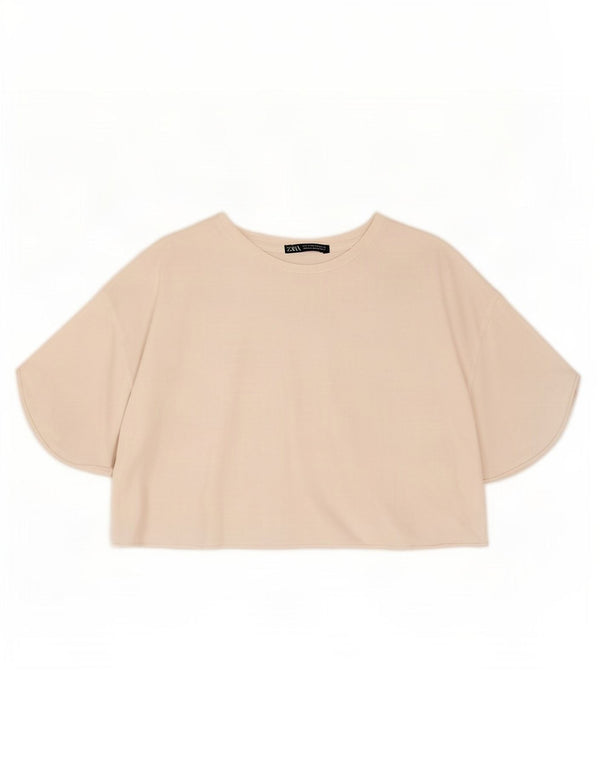 Zara Womens Crop T-Shirt Top UK 14 Coton Blanc Moyen