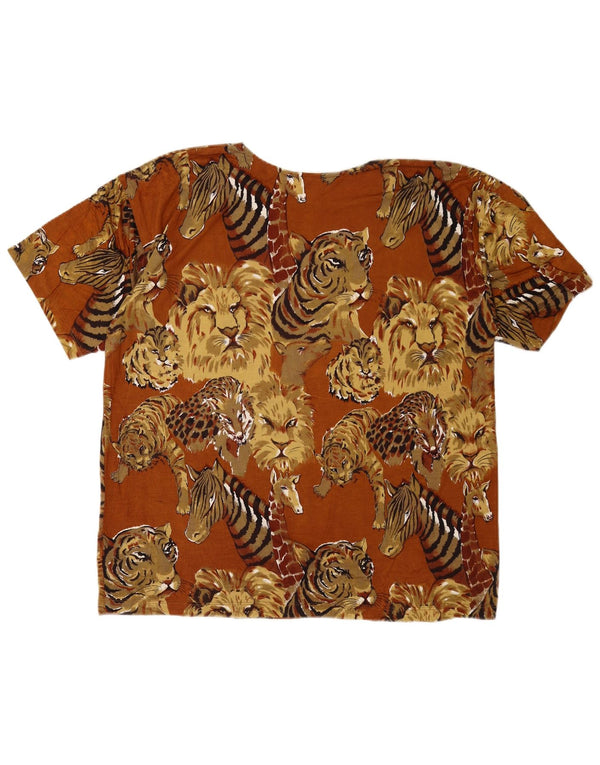 vintage Femme T-Shirt Top UK 16 Grande Viscose Imprimé Animal Brun