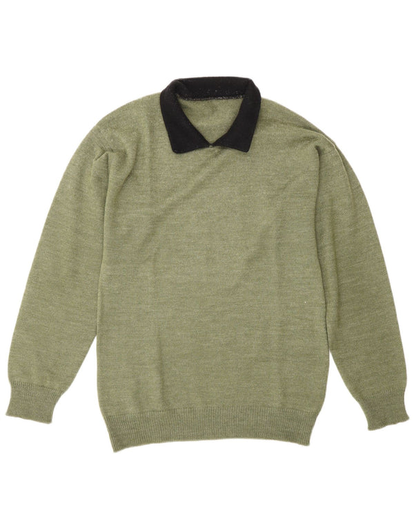 vintage Mens Polo Neck Jumper Pull Vert Moyen Colorblock