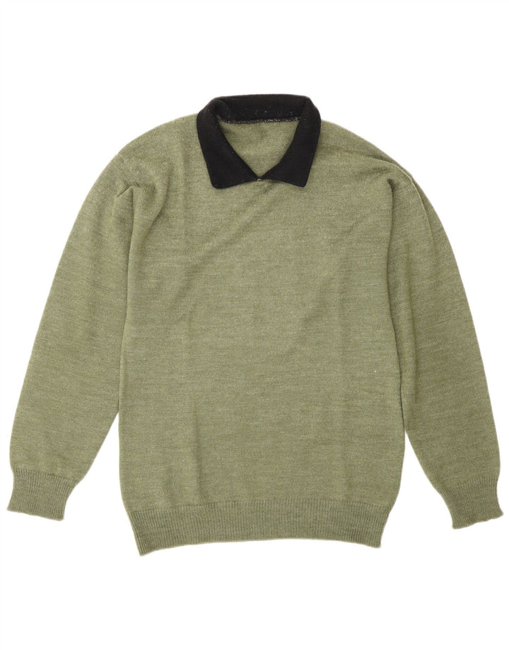 vintage Mens Polo Neck Jumper Pull Vert Moyen Colorblock