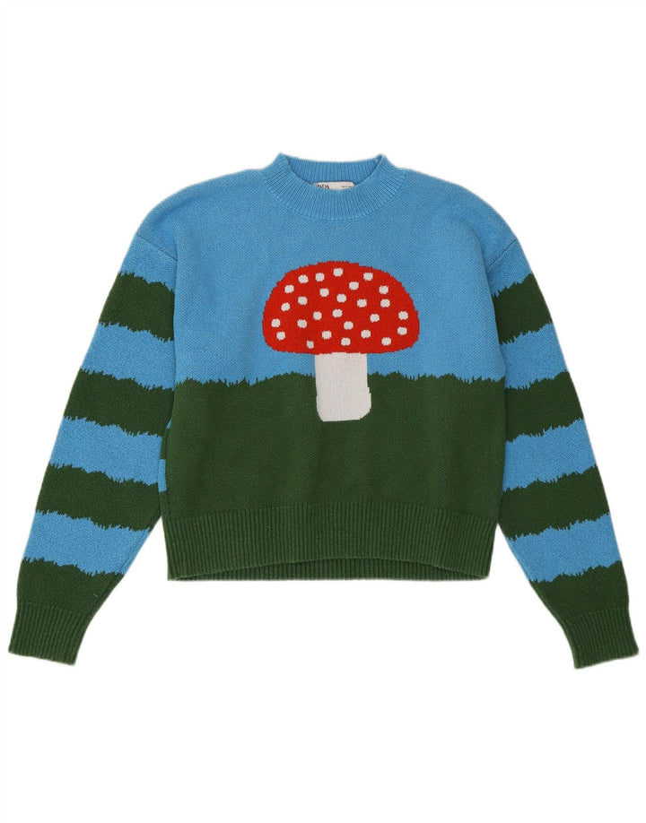 ZARA Pull court à col rond pour femme UK 10 Petit Bleu Colorblock