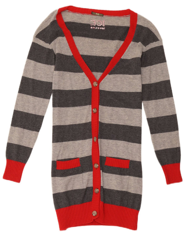 Iceberg Womens Longline Cardigan Sweater UK 10 Petite laine rayée grise