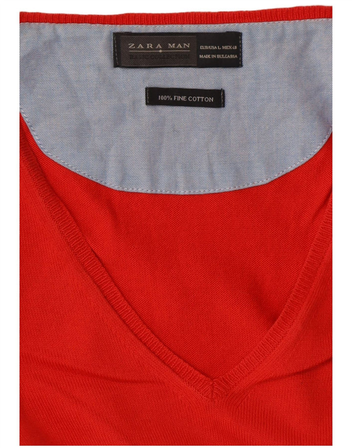 ZARA Pull col V pour homme en coton rouge Large