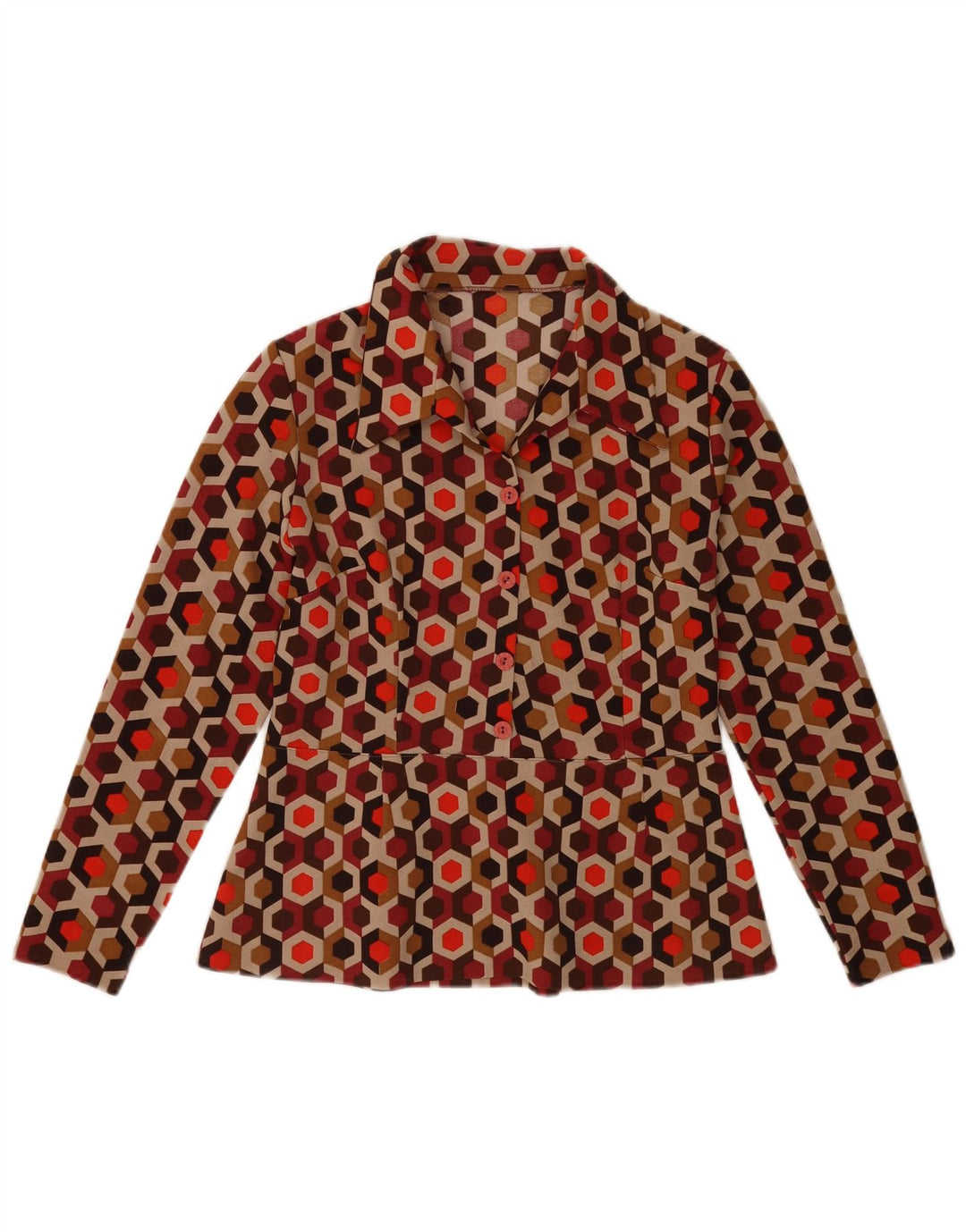 VINTAGE Femmes Manches Longues Blouse Top UK 12 Moyen Multicolore Géométrique