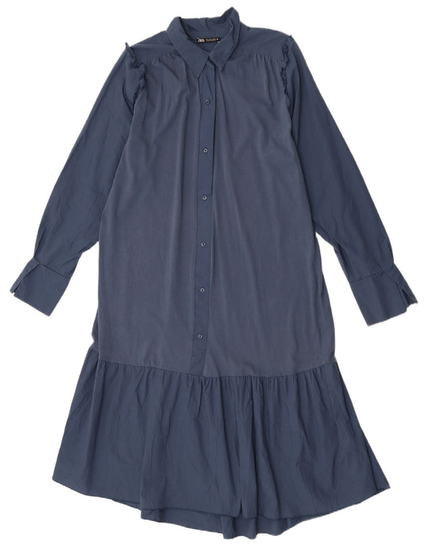 Zara Robe chemise à manches longues pour femme UK 16 Large Bleu marine en coton