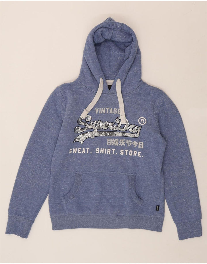 SUPERDRY Womens Graphic Hoodie Jumper UK 12 Medium Blue Polyester Vintage Superdry and Second-Hand Superdry from Messina Hembry 