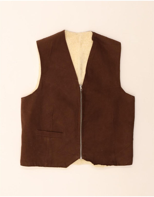 vintage Mens Shearling Gilet UK 38 Brun Moyen