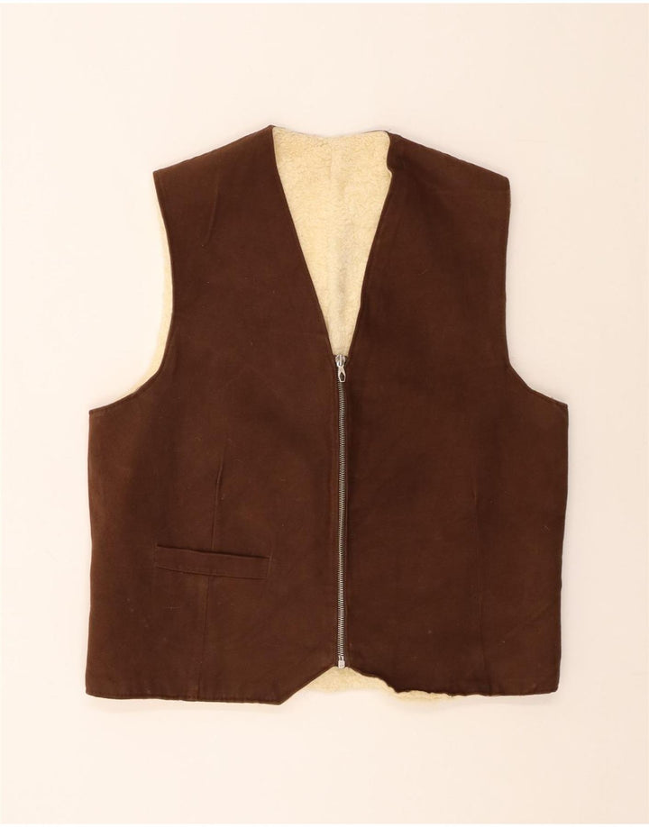 vintage Mens Shearling Gilet UK 38 Brun Moyen