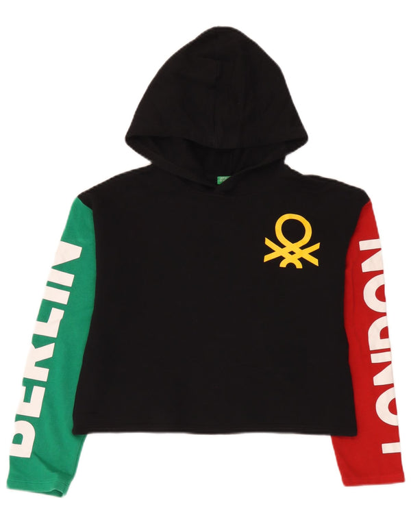 Benetton Pull à capuche court graphique pour fille 10-11 ans XL Noir Colorblock