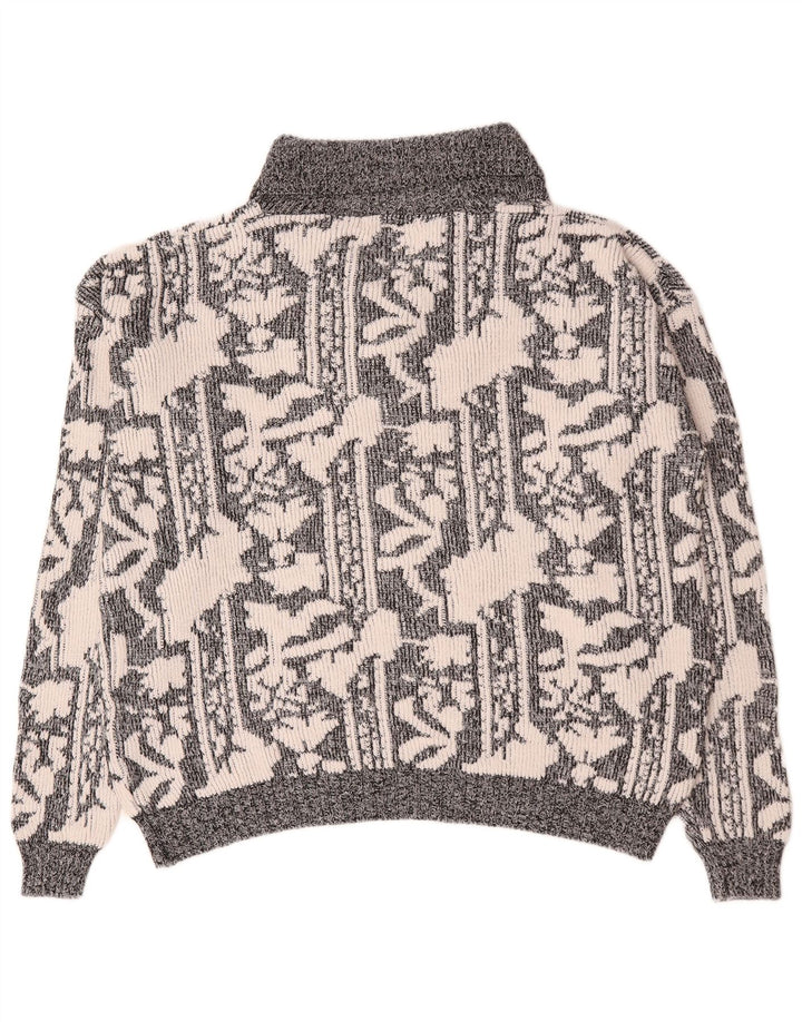 Vintage Homme Motif Abstrait Col Châle Pull Pull XL Gris