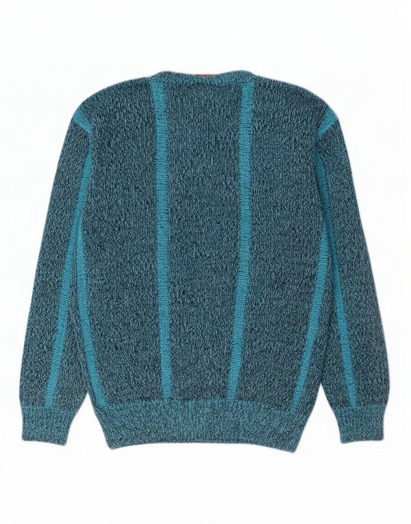 vintage Womens Boat Neck Jumper Pull UK 14 Moyen Bleu Géométrique Acrylique