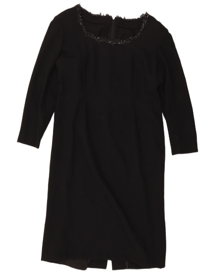 VINTAGE Robe fourreau à manches longues pour femmes UK 14 Grand Noir