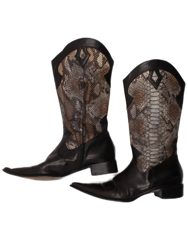 vintage Femmes Cowboy Boots UK Taille 7 Noir Animal Print Western