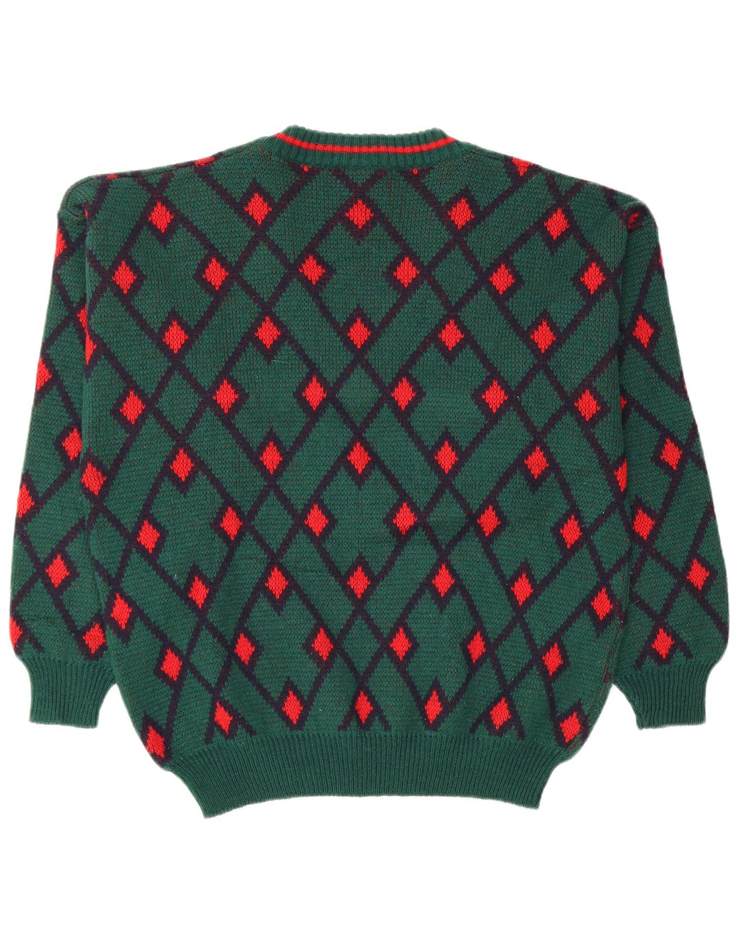 VINTAGE Pull col V homme vert moyen Argyle/Diamond laine