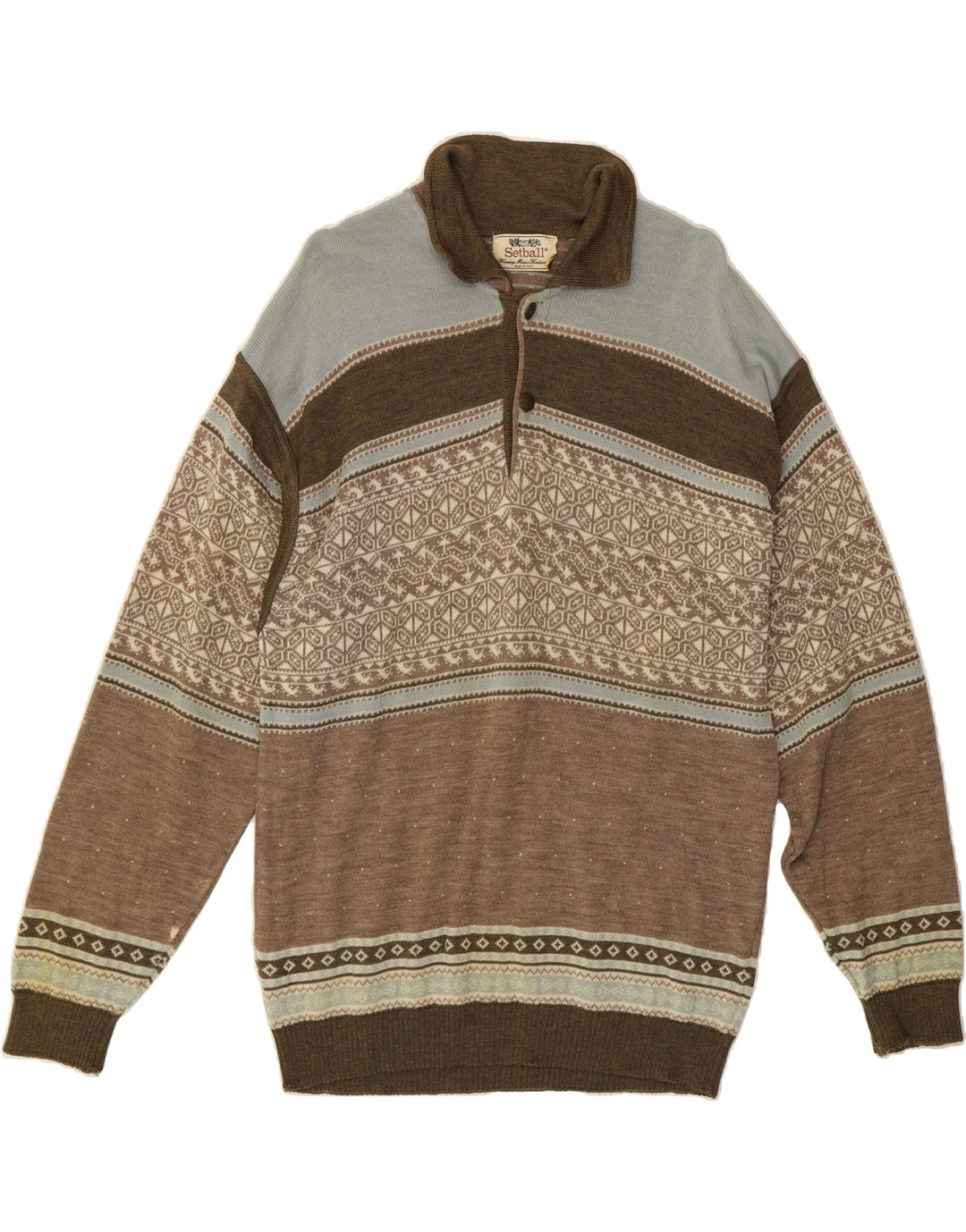 SETBALL Mens Polo Neck Jumper Sweater IT 50 Medium Brown Fair Isle Vintage Setball and Second-Hand Setball from Messina Hembry 