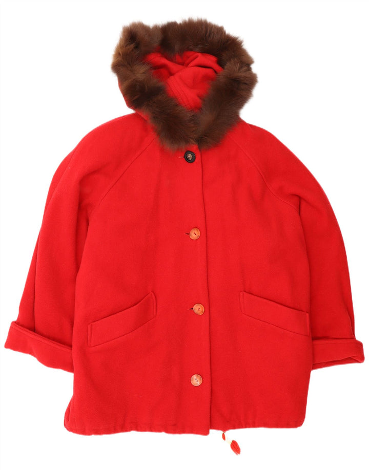 vintage Femmes À Capuchon Surdimensionné Pardessus UK 14 Laine Rouge Moyenne