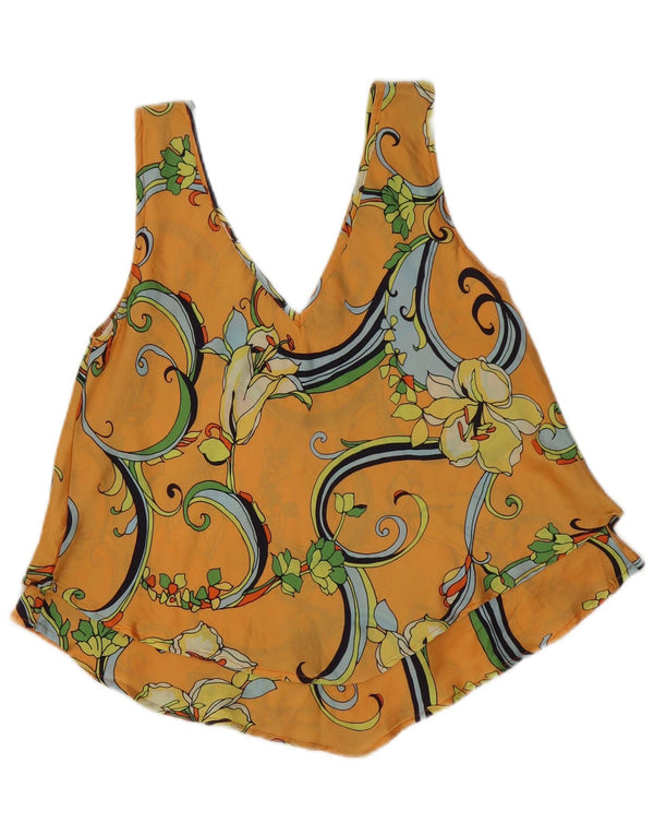vintage Femme Blouse Sans Manches Top UK 14 Moyen Orange Floral