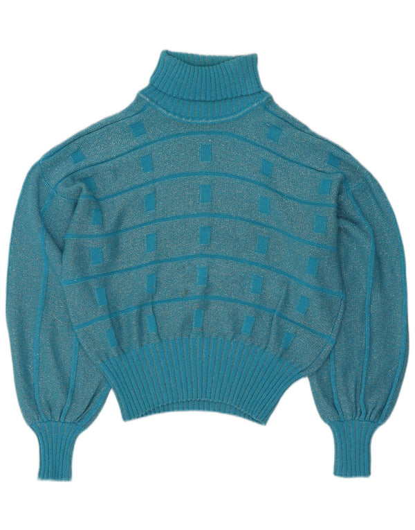 vintage Womens Crop Roll Neck Jumper Pull UK 16 Grand Bleu Rayé
