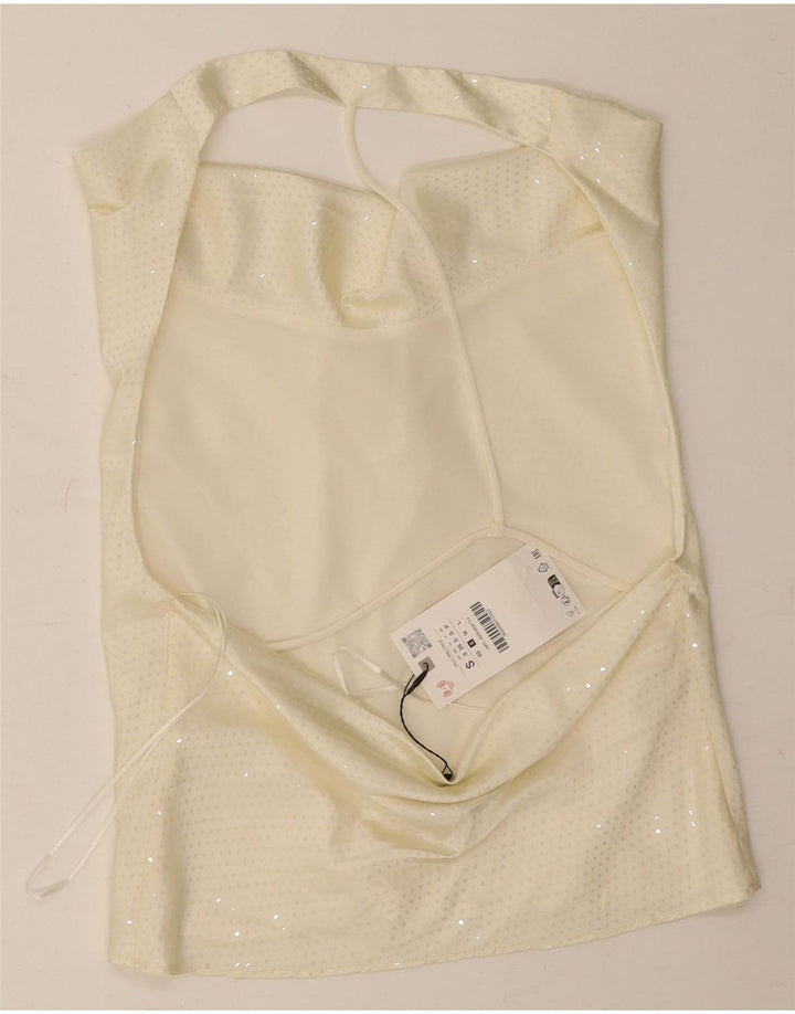 Zara Haut court à épaules dénudées pour femme UK 10 Petit polyester moucheté blanc cassé