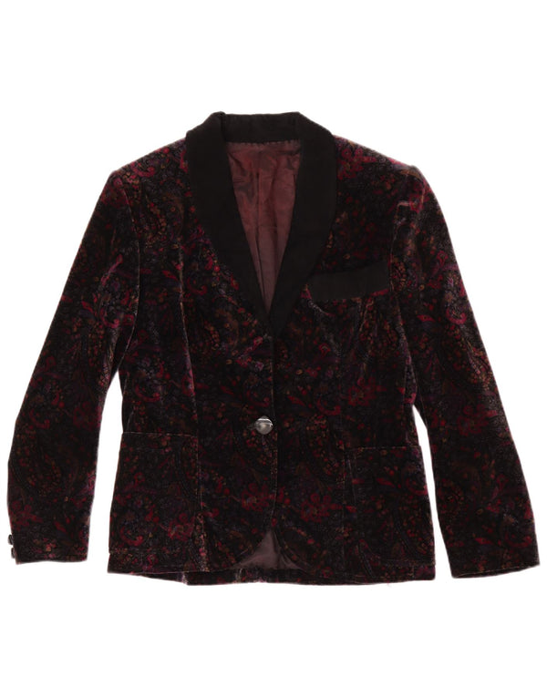 vintage Femmes 1 Bouton Velours Blazer Veste UK 12 Moyen Bourgogne Floral