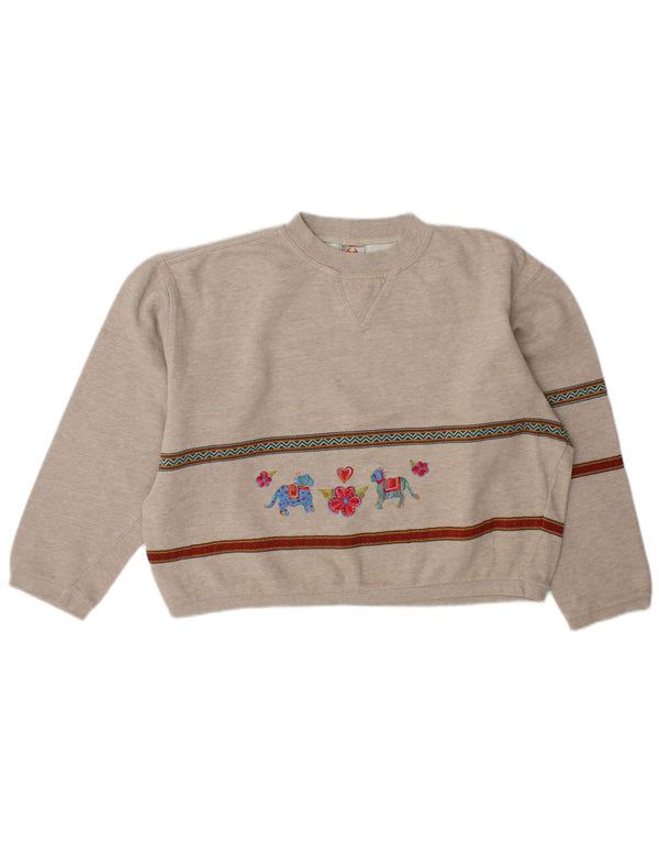 Stefanel Womens Crop Graphic Sweatshirt Jumper UK 14 Gris Moyen Rayé
